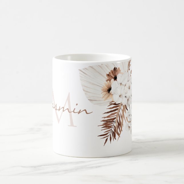 Rustik Brunt Pampasgräs Vita Orkidéer Monogram Kaffemugg (Center)