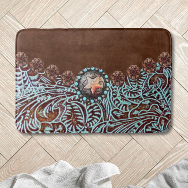 Rustik brunturkos westerna land mönster badrumsmatta (Rustic brown turquoise western country pattern bath mat)