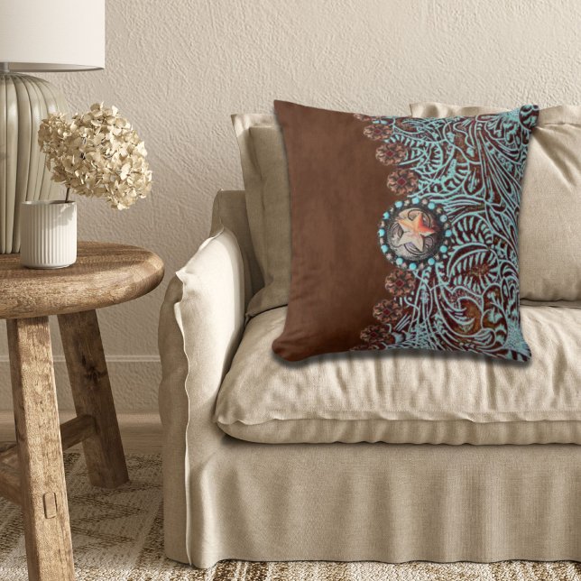 Rustik brunturkos westerna land mönster kudde (Rustic brown turquoise western country pattern throw pillow)