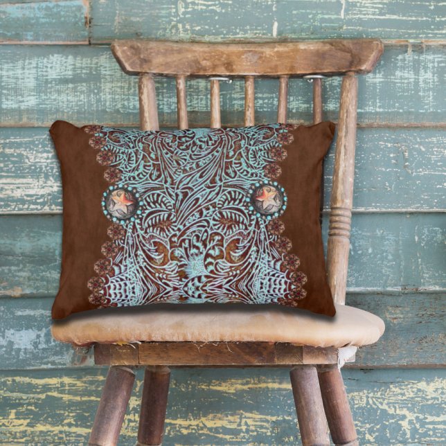 Rustik brunturkos westerna land mönster prydnadskudde (Rustic brown turquoise western country pattern accent pillow)