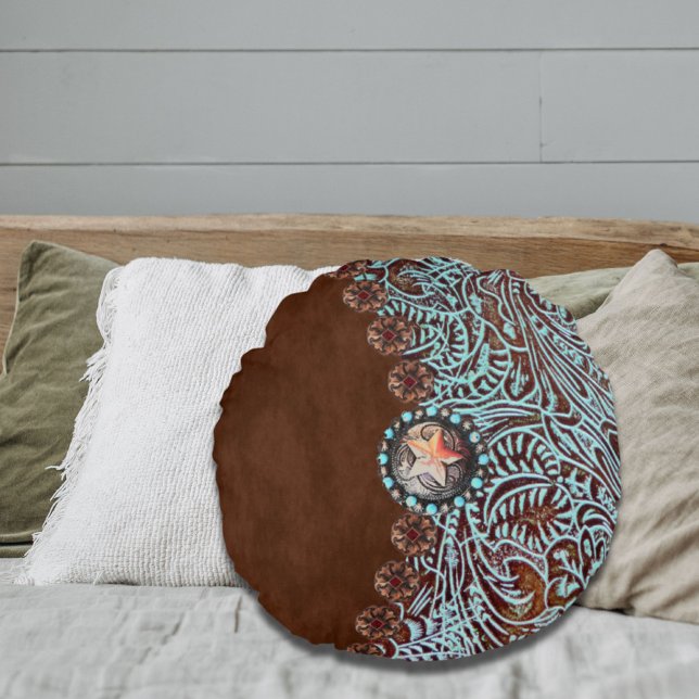 Rustik brunturkos westerna land mönster rund kudde (Rustic brown turquoise western country pattern round pillow)