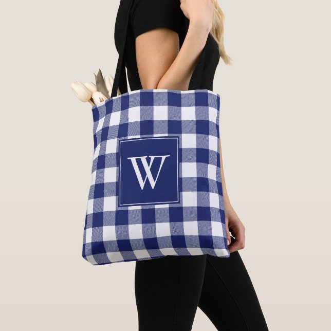 Rustik Buffalo Plaid Blue White Monogram Inledande Tygkasse (Närbild)