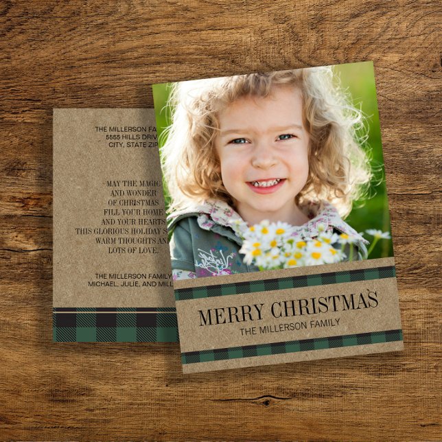 Rustik Buffalo-rutig grön God Jul-foto Vykort (Green buffalo plaid Christmas photo greeting postcard)