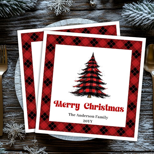 Rustik Buffel Julgran Servett Redigerbar (Rustic Buffalo Christmas Tree Napkin Editable)