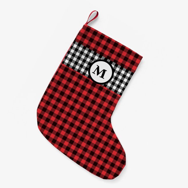 Rustik buffelkontroll gingham black & red monogram liten julstrumpa (Framsidan (Hängande))