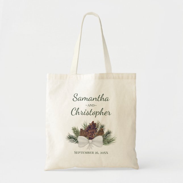 Rustik bukett med kottar och brudpars namn Bröllop Tygkasse (Framsidan)