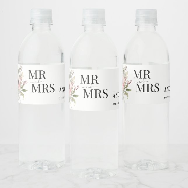 rustik bukett med vattenfärg blommor vattenflaskor etikett (Flaskor)