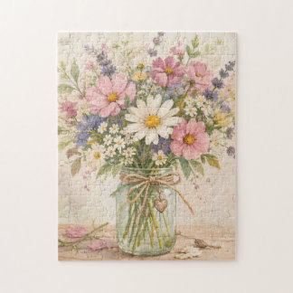 Rustik bukett med vilda blommor i vintage murarbur pussel