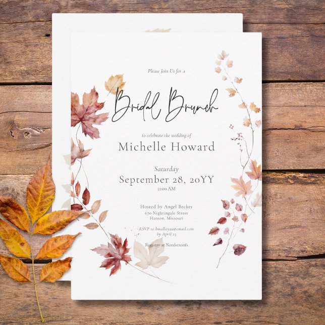 Rustik Burgund och höstlöv Bröllopsbrunch Inbjudningar (Rustic Burgundy & Rust Fall Leaves Bridal Brunch Invitation)
