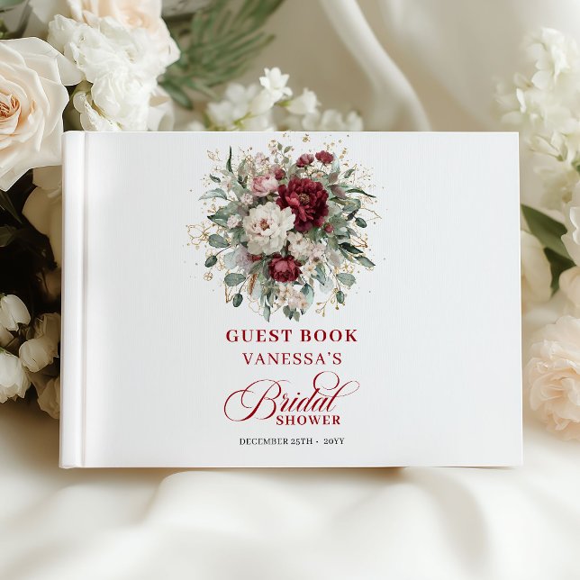 Rustik Burgunder Blommig Guld Bröllopsfest Gäst Gästböcker (Rustic Burgundy Floral Gold Bridal Shower Guest Book)