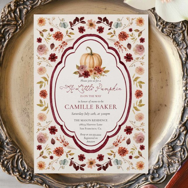 Rustik Burgunder Liten Pumpa Bebis Shower Inbjudningar (Little Pumpkin Floral Baby shower Invite)