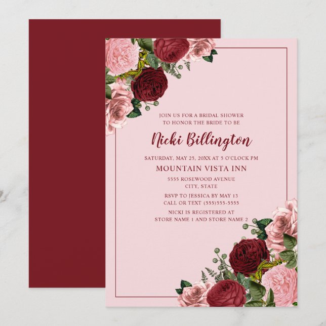 Rustik Burgunder Rosa Blommig Bröllopsfest Inbjudningar (Fram/baksida)