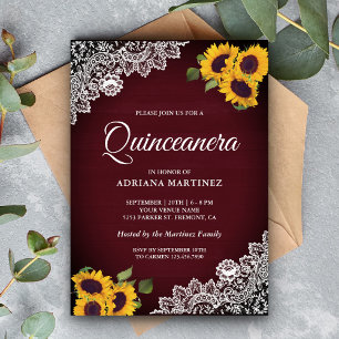 Rustik Burgunder Trä Broderi Solros Quinceanera-in Inbjudningar