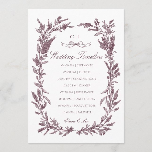 Rustik burgunder vildbloms krans bröllop tidslinje program (Framsida)