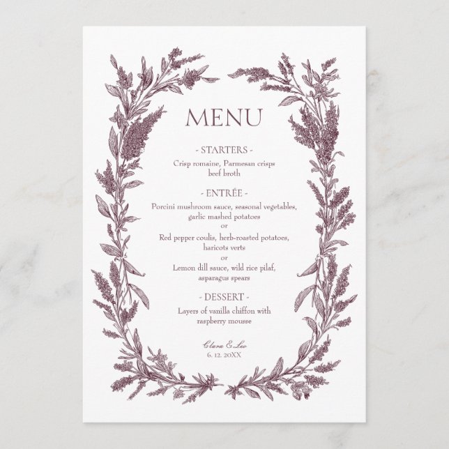 Rustik burgunderfärgad vildbloms krans bröllop meny (Framsida)