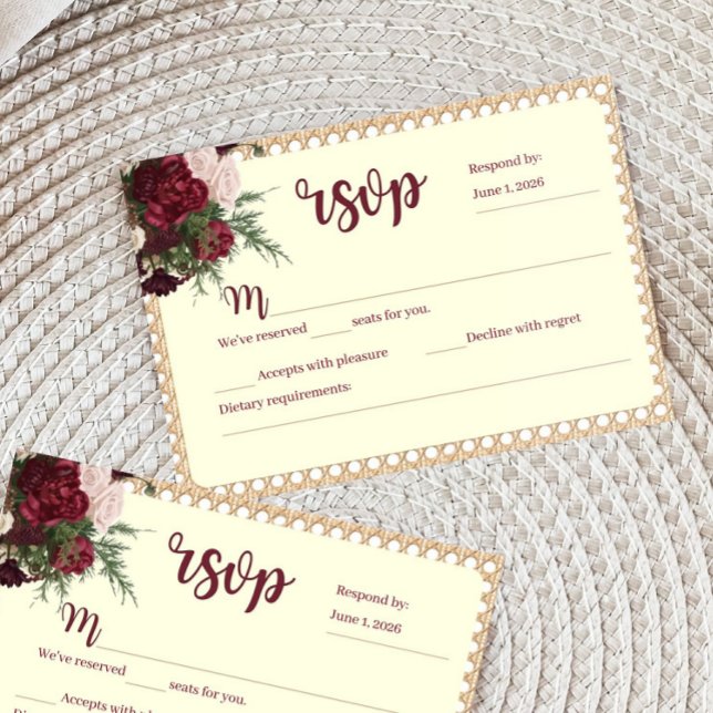 Rustik Burgundisk Blommig Bröllops-Svarskort OSA Kort (Burgundy and Ivory RSVP card)