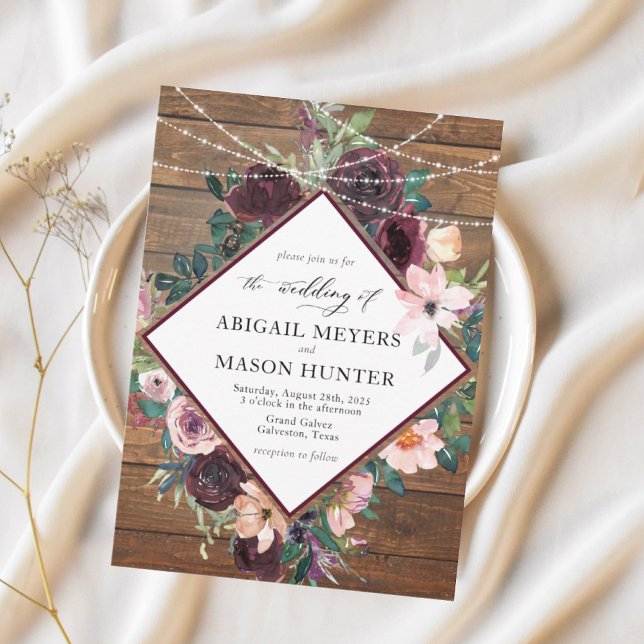 Rustik burgundisk blomsterbröllop i akvarellstil inbjudningar (Skapare uppladdad)
