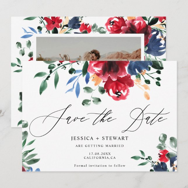 Rustik burgundisk marin blommigt bröllop spara dat datumet (Fram/baksida)