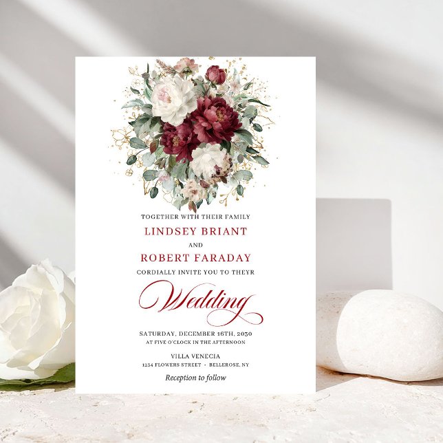 Rustik Burgundisk Vit Blommig Eukalyptus Bröllop Inbjudningar (Rustic Burgundy White Floral Eucalyptus Wedding Invite)