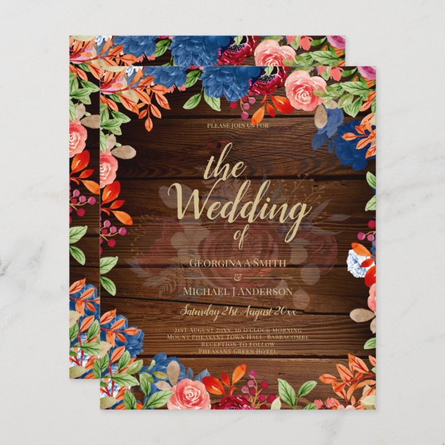 Rustik Burgundy Blå Blommig Bröllop (Fram/baksida)