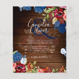 Rustik Burgundy Blå Blommig Bröllop Flygblad