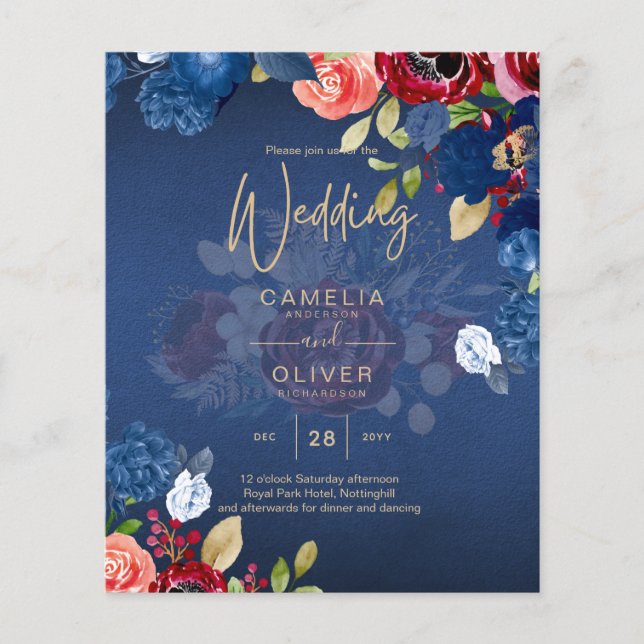 Rustik Burgundy Blå Blommig Bröllop Flygblad (Framsidan)