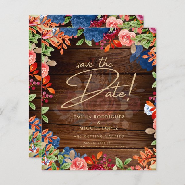 Rustik Burgundy Blå Blommig Bröllop Spara DATUM (Fram/baksida)