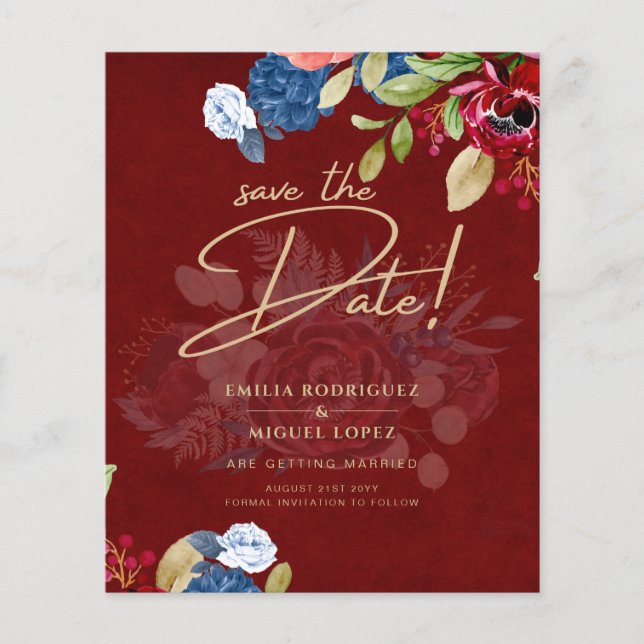 Rustik Burgundy Blå Blommig Bröllop Spara Datumet Flygblad (Framsidan)