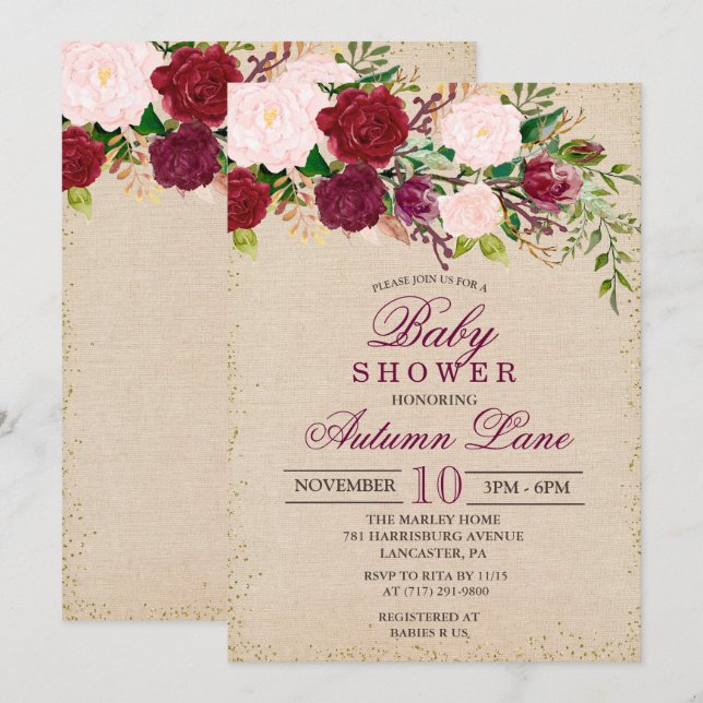 Rustik Burgundy Blommig Baby Shower Inbjudan (Fram/baksida)