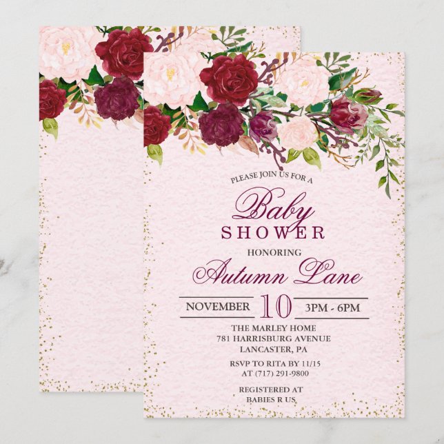 Rustik Burgundy Blommig Baby Shower Inbjudan (Fram/baksida)
