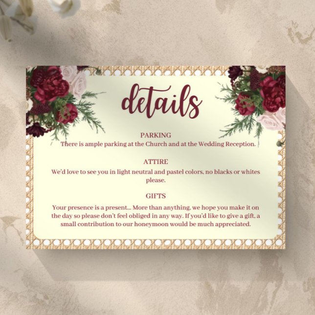 Rustik Burgundy Blommig Bröllopsdetaljkort OSA Kort (Burgundy and Ivory Wedding Details Card Floral and Rattan Border)