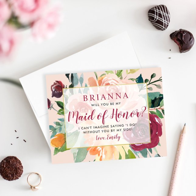 Rustik Burgundy Blommig Väninna Till Bröllop Kort (Skapare uppladdad)