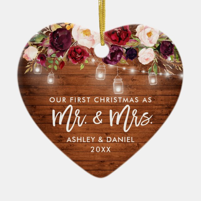 Rustik Burgundy Blommigt Burk Ljus Första jul Julgransprydnad Keramik (Framsidan)