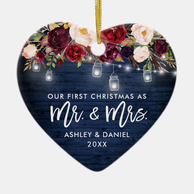 Rustik Burgundy Blommigt Burk Ljus, julblått Julgransprydnad Keramik (Framsidan)