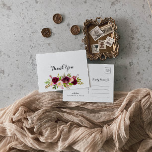 Rustik Burgundy Blommigt Calligraphy-Tack Vykort