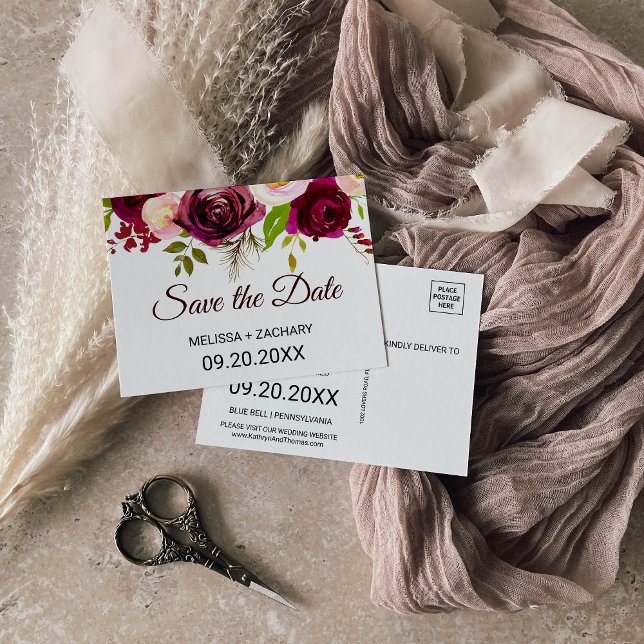 Rustik burgundy-Blommigt Spara datumkortet Vykort (Skapare uppladdad)