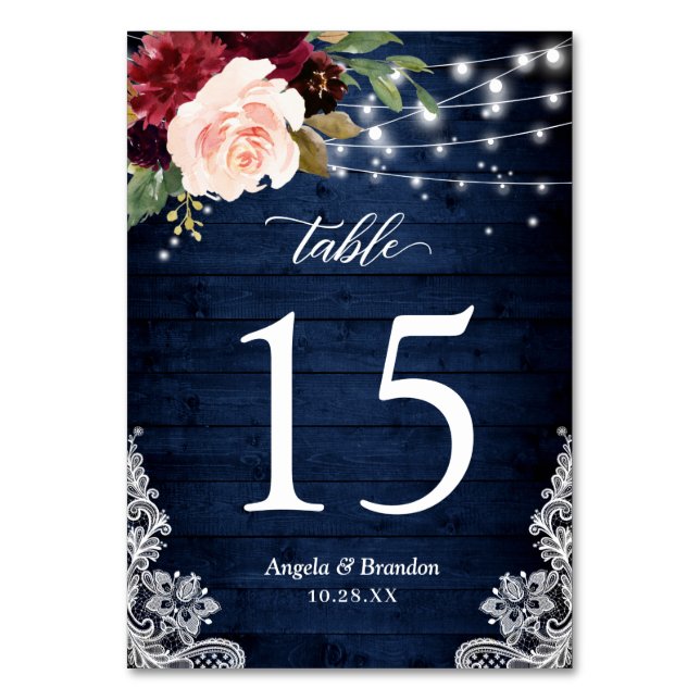 Rustik Burgundy Blommigt String Ljus Snöre Bröllop Bordsnummer (Framsidan)