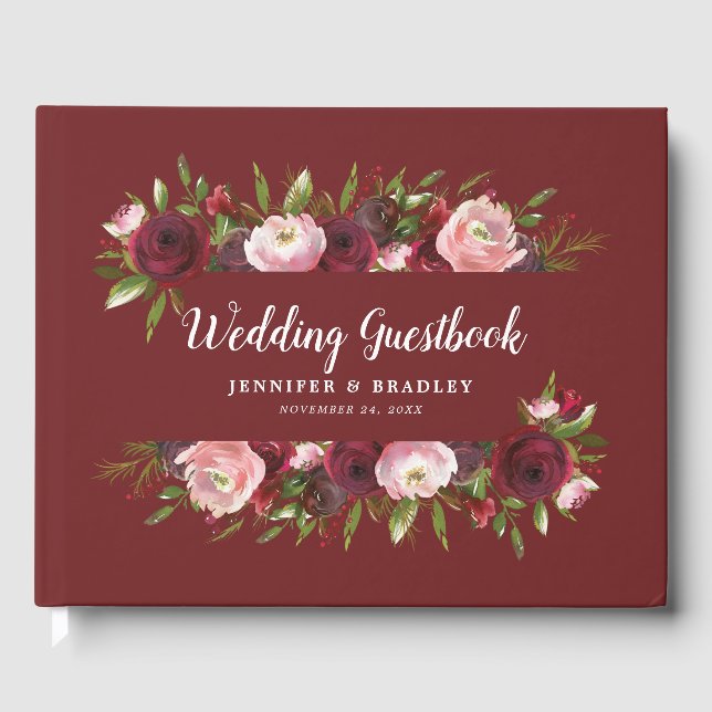 Rustik Burgundy  Blommigt Vattenfärgen Bröllop Gästböcker (Framsida)