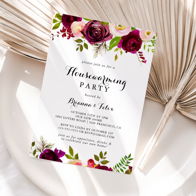 Rustik  Burgundy-Blommigten Houseuppvärmning Party Inbjudningar (Skapare uppladdad)
