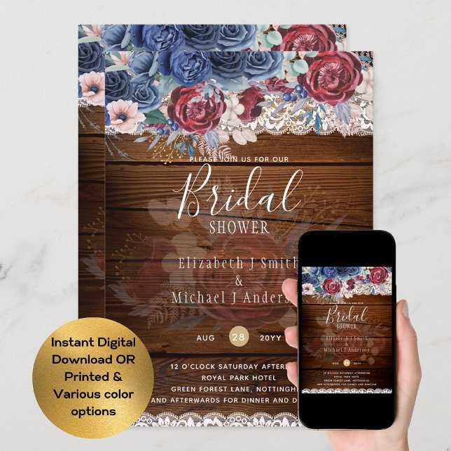 Rustik Burgundy Blue Blommigt Möhippa Digital Inbjudningar (Skapare uppladdad)