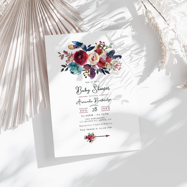 Rustik Burgundy Boho Blommig Barnkalas Invitation Inbjudningar (Rustic Burgundy Boho Floral Baby Shower Invitation)