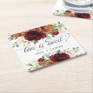 Rustik Burgundy-bränd Orange Elfenbenskusten Blomm Underlägg Papper Kvadrat