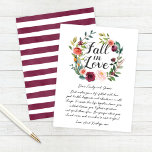 Rustik Burgundy Fall i Blommigten Kärlek Rådkort<br><div class="desc">Snyggten "Fall in Kärlek" i bröllop-kortet har en strålande krans av blommor med fallande vattenfärg,  inklusive ro,  dahlier,  blommor med peonblommor och grönska,  i en fantastisk höstpalett med burgunrött,  gyllene gult,   rosa och skugga av grönt. En samordnande burgunisfärgsfärg för rand mönster ligger baktill på kortet.</div>