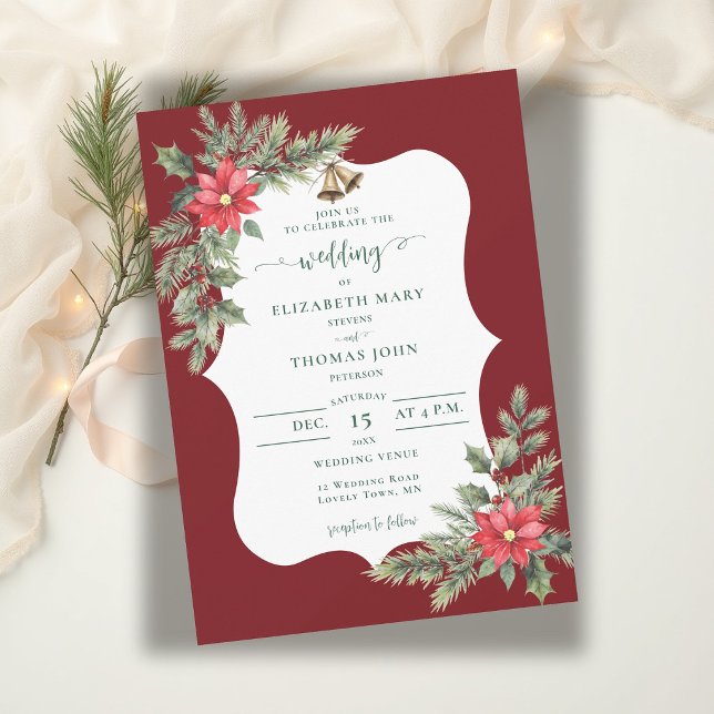 Rustik Burgundy Grön Botanisk Vinterbröllop Inbjudningar (winter wedding invitation christmas greenery floral poinsettia watercolor burgundy elegant rustic)