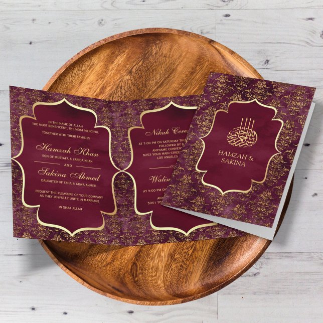 Rustik Burgundy Guld Damask Muslim Bröllop Inbjudan (Skapare uppladdad)