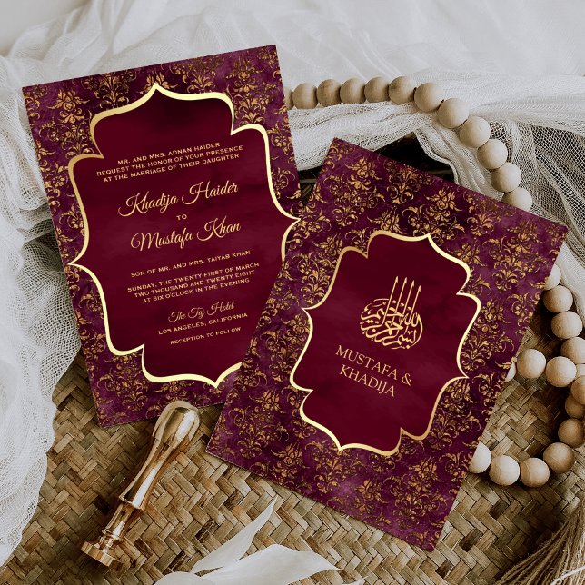 Rustik Burgundy Guld Damask Muslim Bröllop Inbjudningar (Skapare uppladdad)