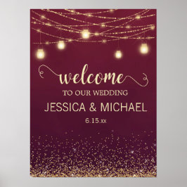 Rustik Burgundy Guld Glitter String Ljus Bröllop Poster