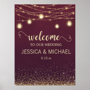 Rustik Burgundy Guld Glitter String Ljus Bröllop Poster