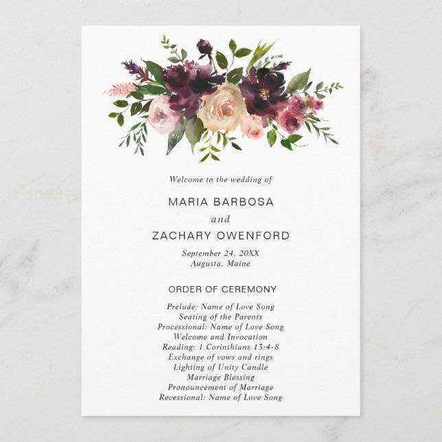 Rustik Burgundy Höst Blommig Elegant Bröllop Program (Framsida)