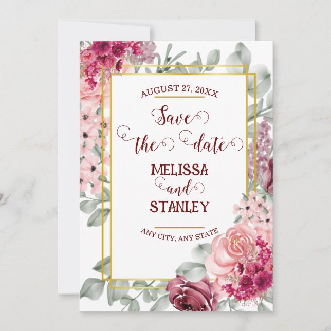 Rustik Burgundy Marsala Rosa Blommig Spara Datum Inbjudningar (Framsida)